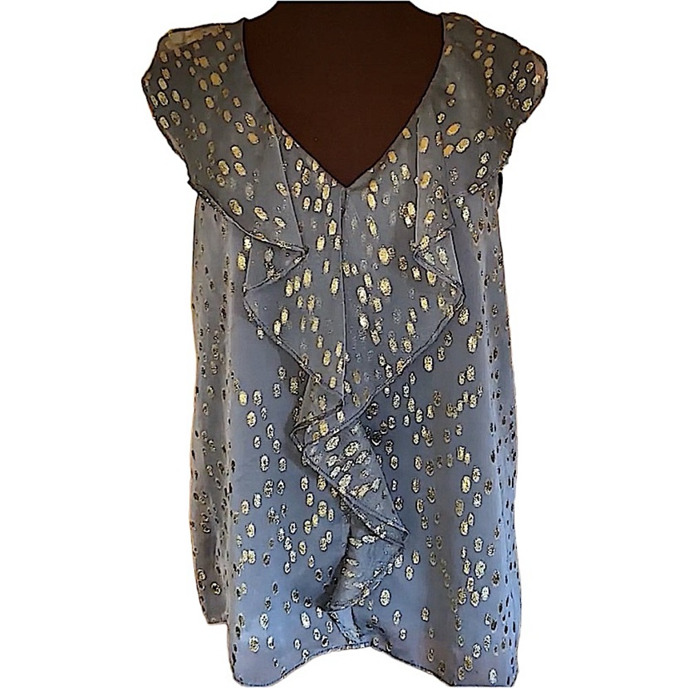 BCBG Gray & Gold Ruffled Top, Medium